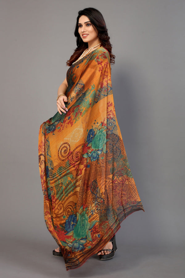 Women Party Wear Printed Chiffon Silk Saree with Un Stitched Blouse | WomensFashionFun