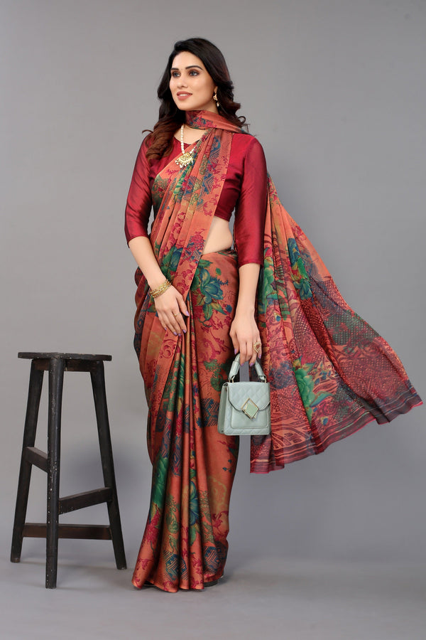 Women Party Wear Printed Chiffon Silk Saree with Un Stitched Blouse | WomensFashionFun