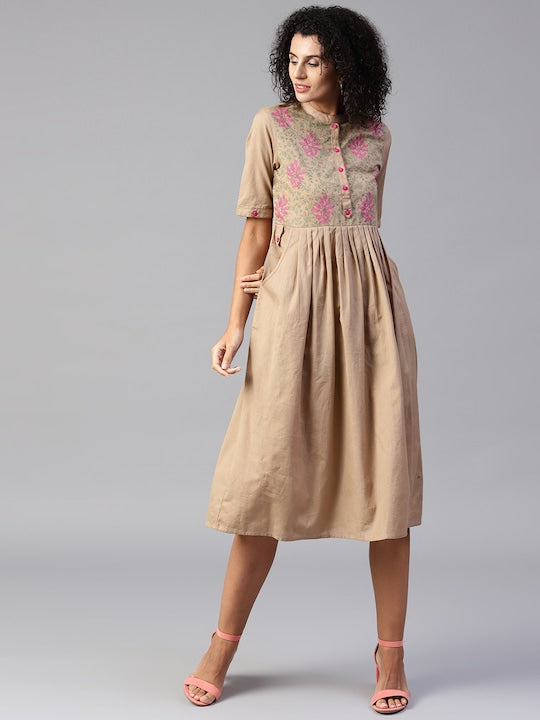 Women Beige Solid Midi Empire Dress | WOMENSFASHIONFUN