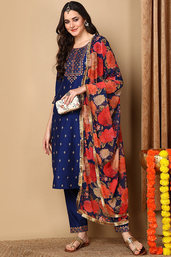 Navy Blue Silk Blend Solid Embroidered Straight Suit Set | WomensFashionFun.com