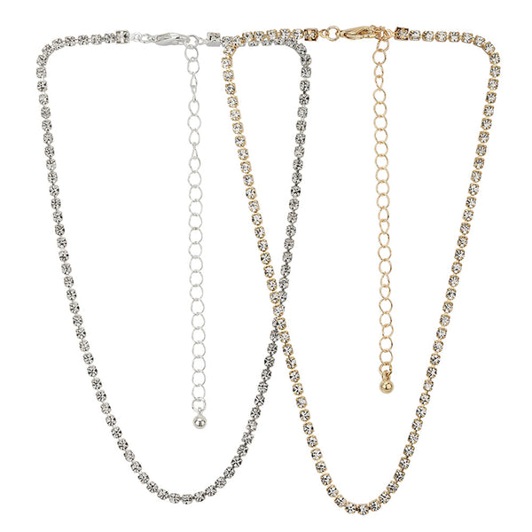 Set Of 2 Silver & Gold Toned Cz Studded Gold And Rhodium Plated Necklace | womensfashionfun