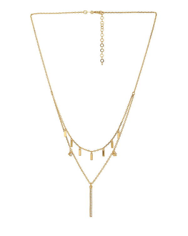 18Kt Gold Plated Layered Necklace With Dangling Bar & Cz Double Row Chain | womensfashionfun