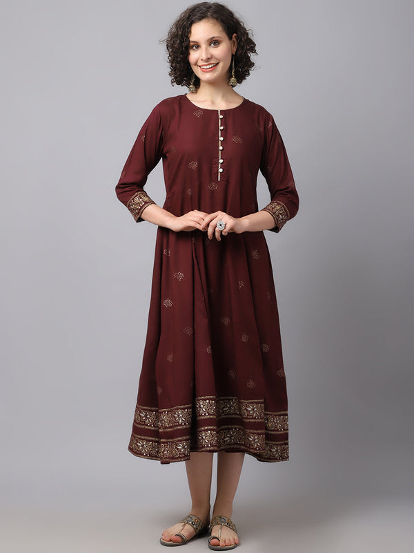 Women Maroon Ethnic Motifs Printed Kurta Dress | WOMENSFASHIONFUN