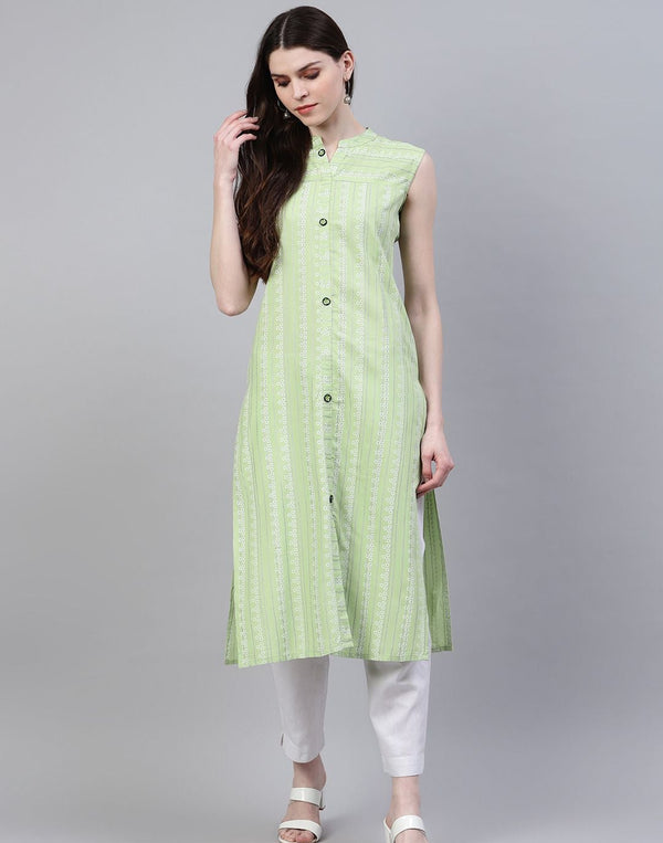 Striped Rayon Straight Kurta (Light Green) | WomensFashionFun