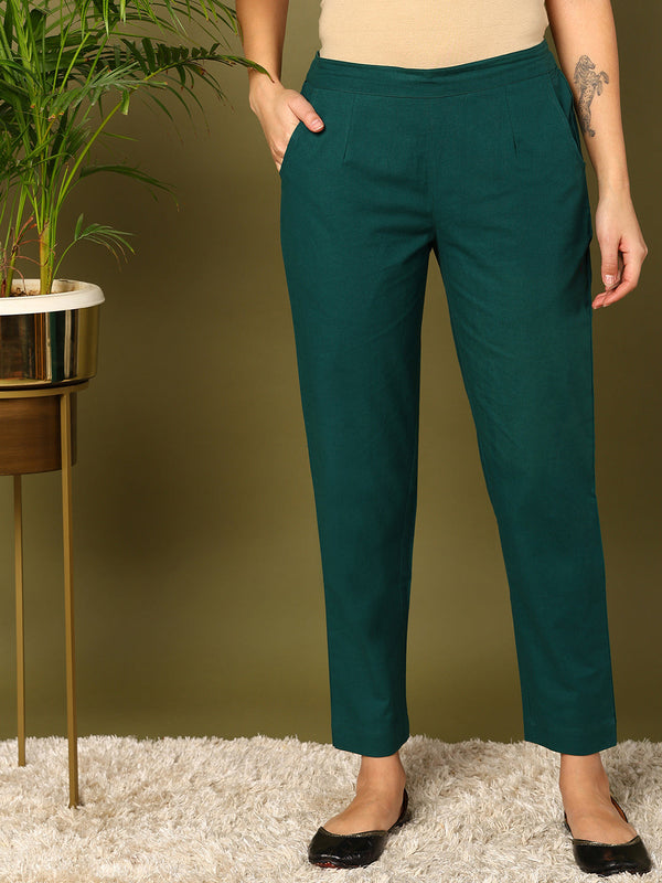 Green Pure Cotton Solid Casual Trousers | WomensFashionFun.com