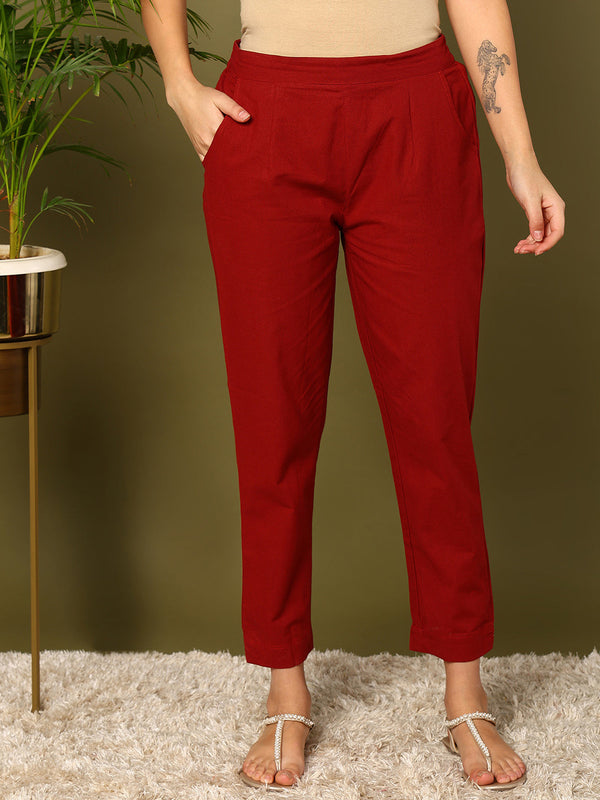 Maroon Pure Cotton Solid Casual Trousers | WomensFashionFun.com