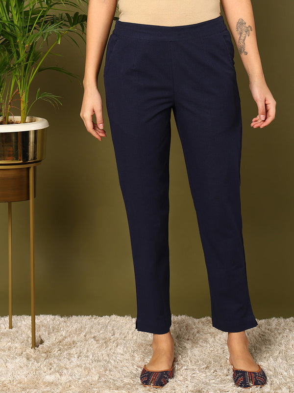 Blue Pure Cotton Solid Cigarette Trousers | WomensFashionFun.com