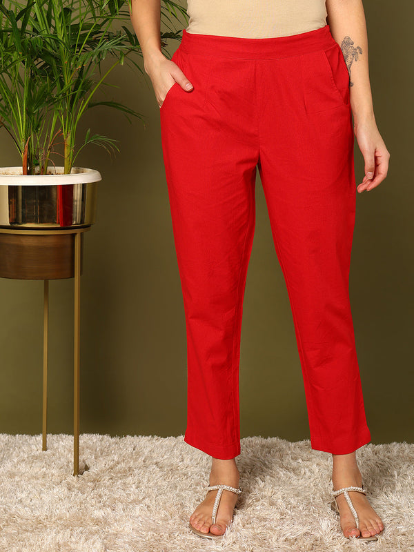 Red Pure Cotton Solid Casual Trousers | WomensFashionFun.com