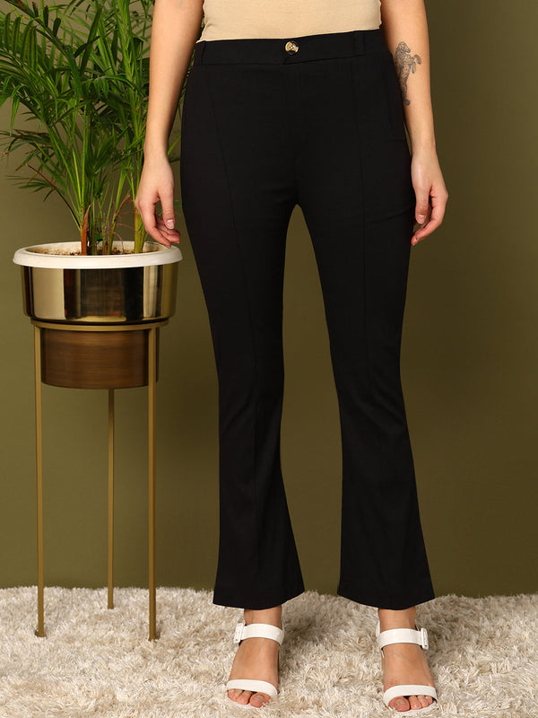 Black Lycra Blend Solid Bootcut Trousers | WomensFashionFun.com