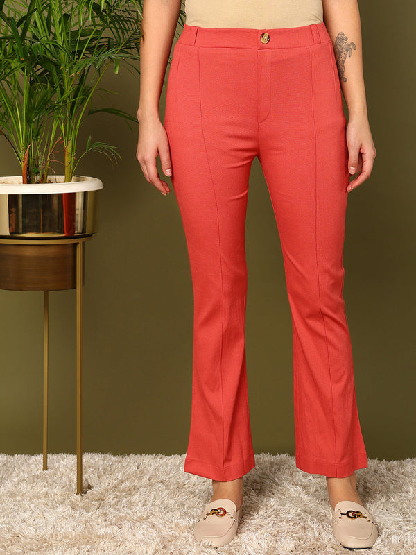 Light Pink Lycra Blend Solid Bootcut Trousers | WomensFashionFun.com