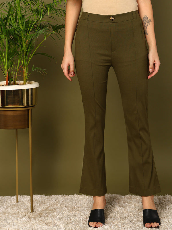 Green Lycra Blend Solid Bootcut Trousers | WomensFashionFun.com