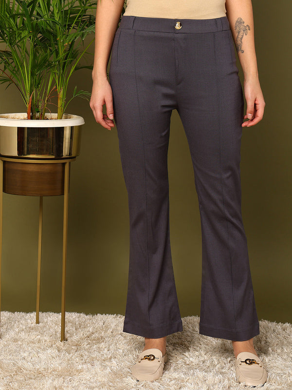 Grey Lycra Blend Solid Bootcut Trousers | WomensFashionFun.com