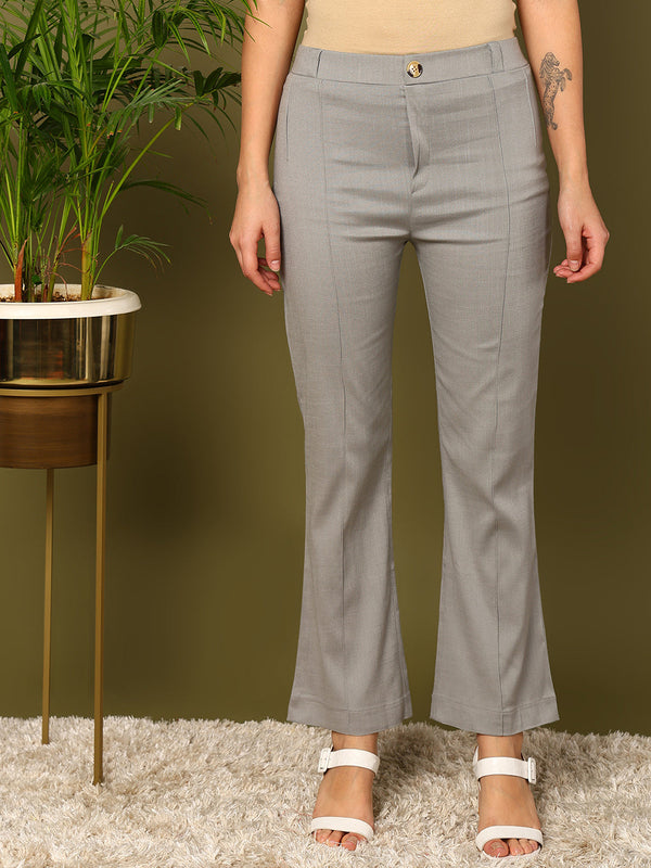 Light Grey Lycra Blend Solid Bootcut Trousers | WomensFashionFun.com