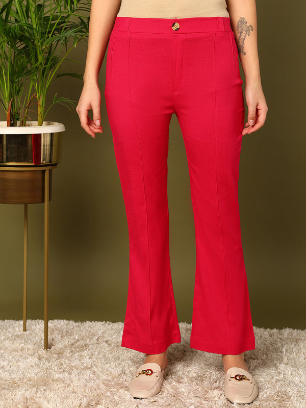 Pink Lycra Blend Solid Bootcut Trousers | WomensFashionFun.com