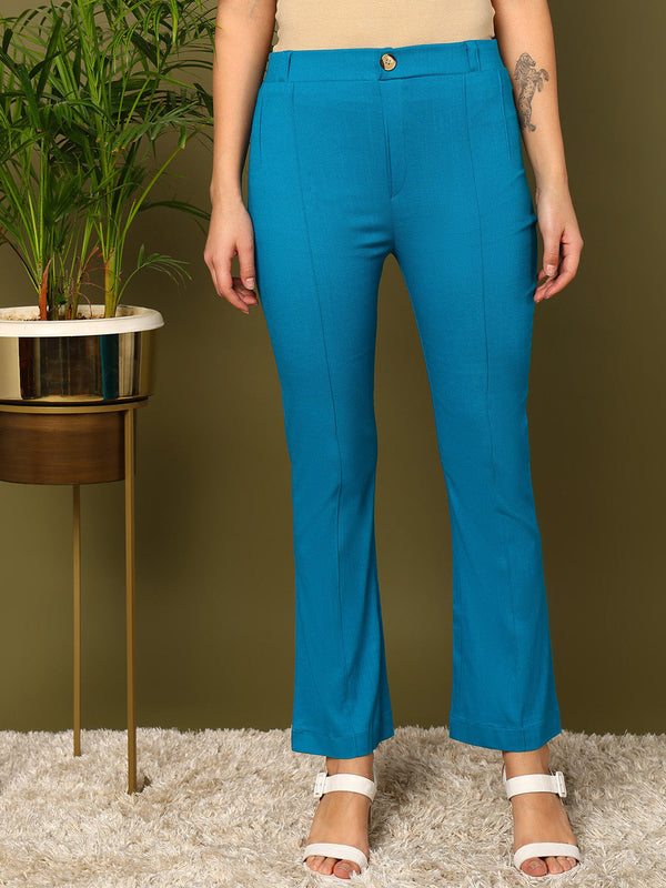 Blue Lycra Blend Solid Bootcut Trousers | WomensFashionFun.com