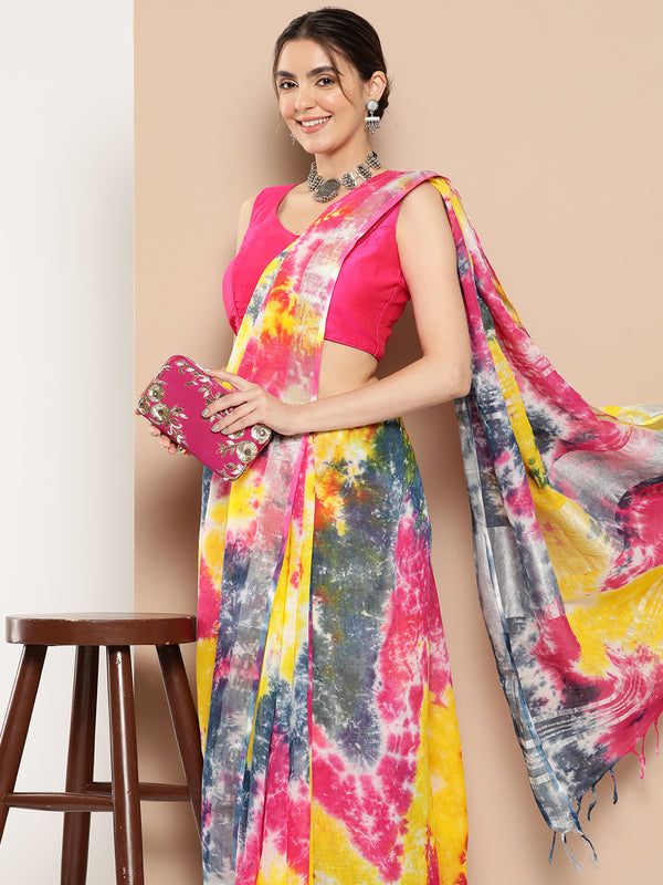 Women Multicolor Cotton Linen Saree | WomensfashionFun.com