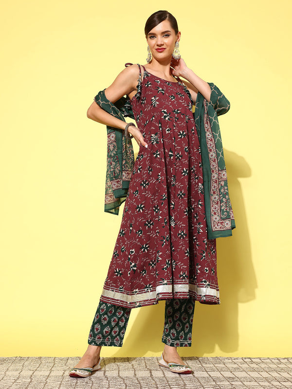 Women Maroon Pure Cotton Kurta Set With Dupatta | WomensfashionFun.com