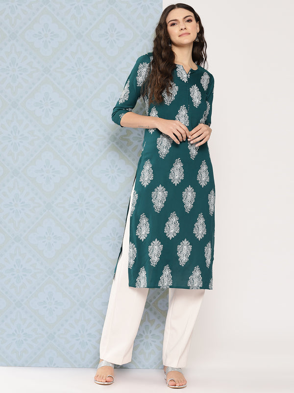 Women Teal Green Rayon Kurta | WomensfashionFun.com