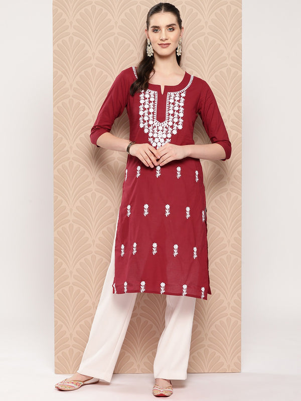 Women Maroon Pure Cotton Kurta | WomensfashionFun.com