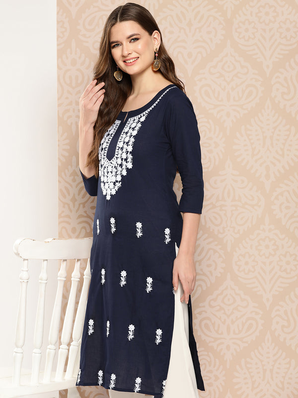 Women Navy Blue Pure Cotton Kurta | WomensfashionFun.com