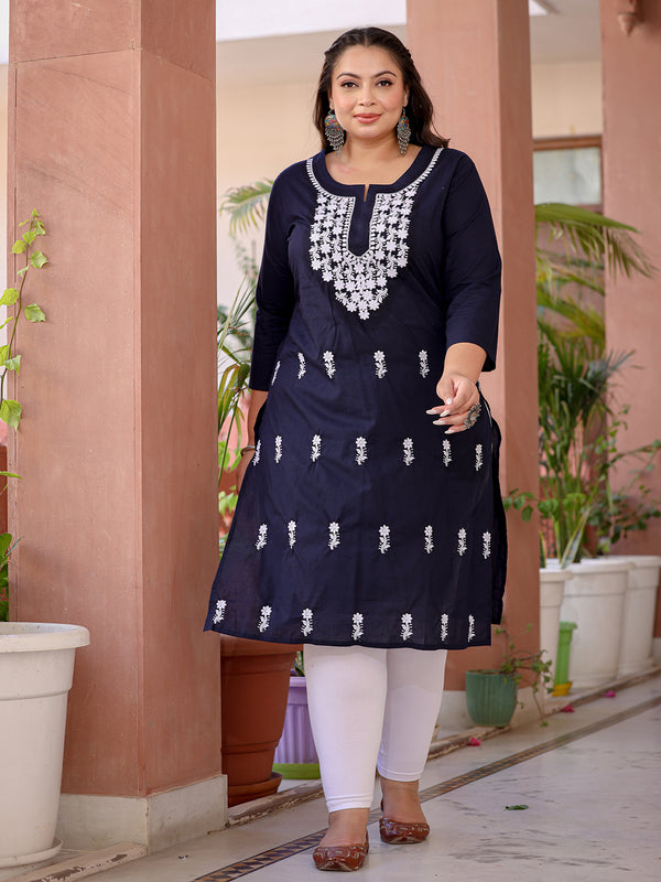 Women Plus Size Navy Blue Pure Cotton Kurta | WomensfashionFun.com