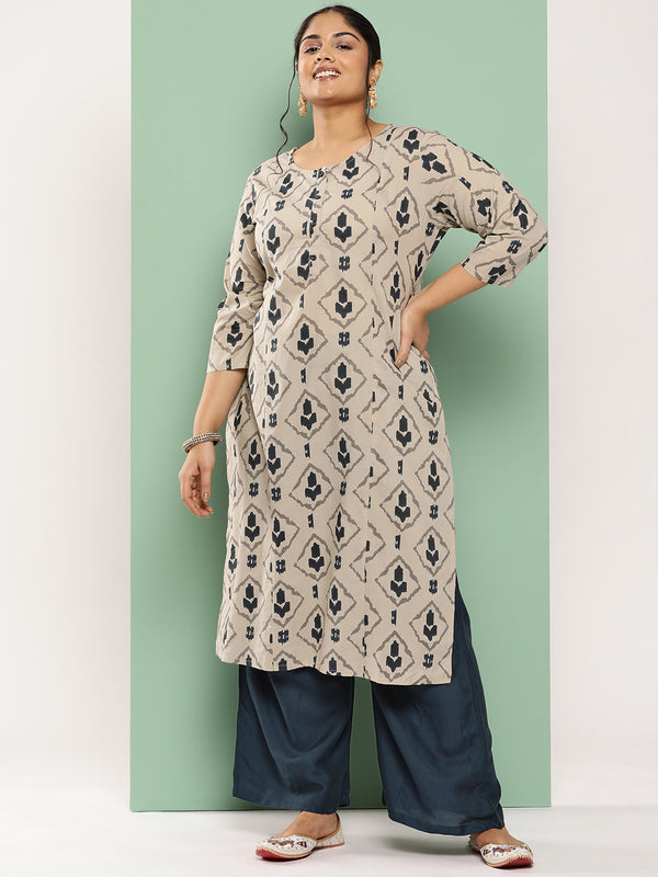 Women Plus Size Beige Pure Cotton Kurta Set | WomensfashionFun.com