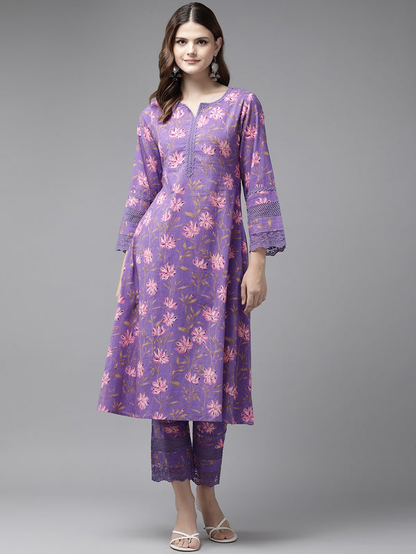 Women Purple Pure Cotton kurta set with embroidery Kurta Trouser Set | WomensfashionFun.com