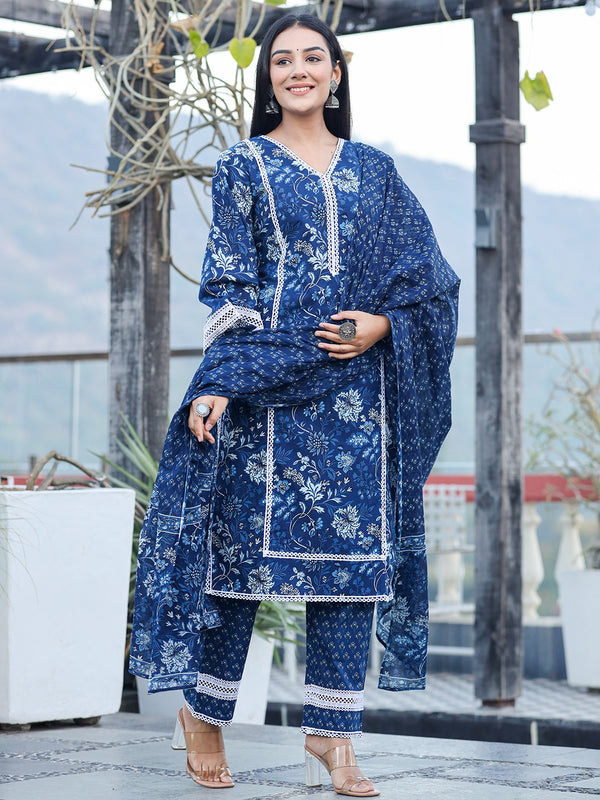 Women Blue pure Cotton kurta dupatta set with Thread Work detailing | WomensfashionFun.com