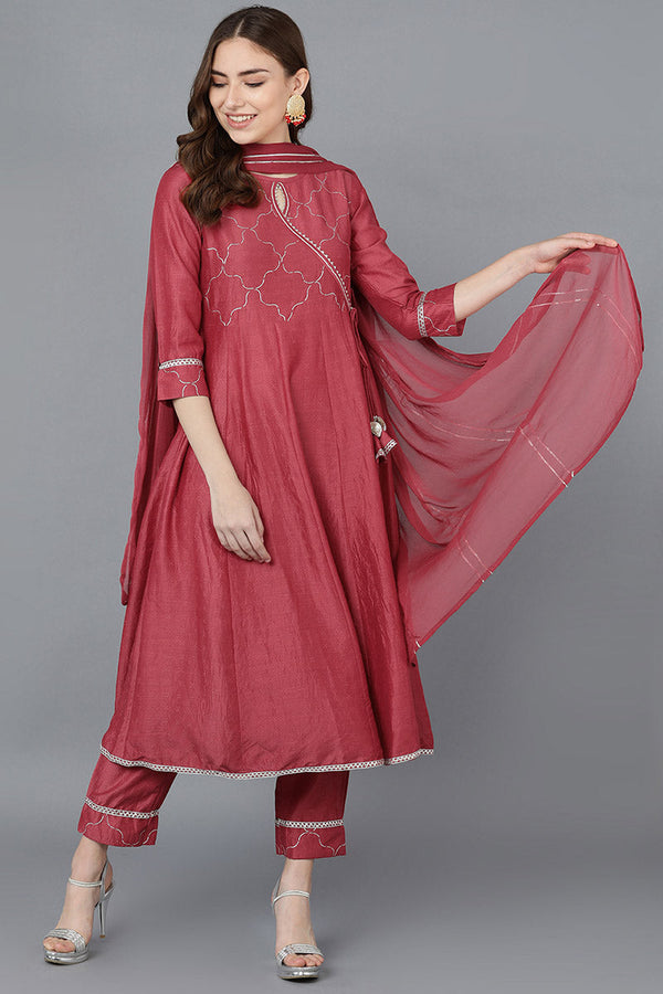 Women Red Poly Silk Embroidered Kurta Trousers With Dupatta | WomensFashionFun.com