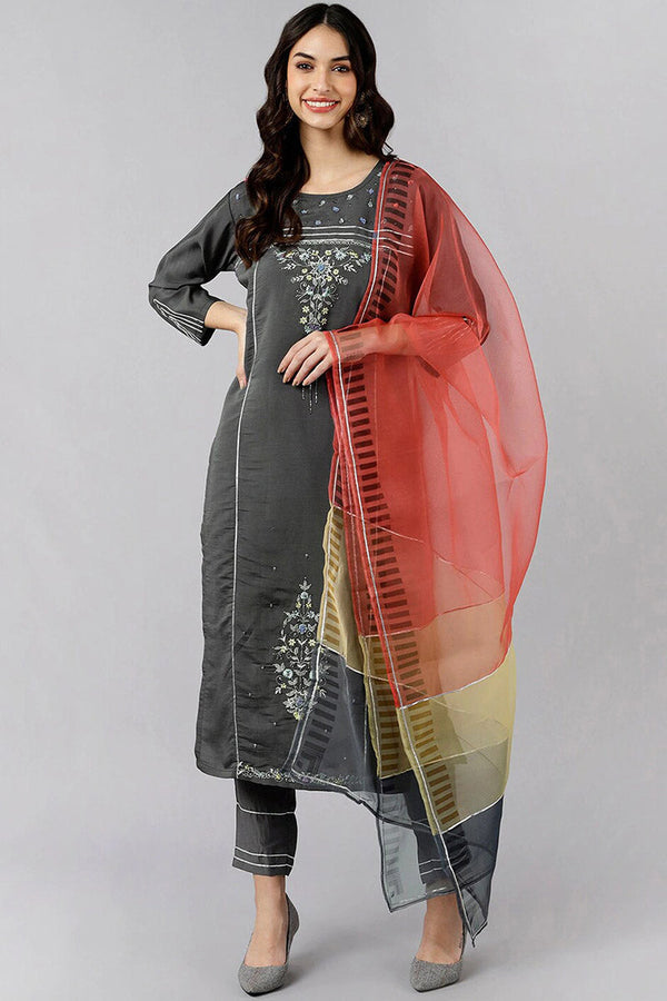 Grey Poly Silk Embroidered Straight Suit Set | WomensFashionFun.com