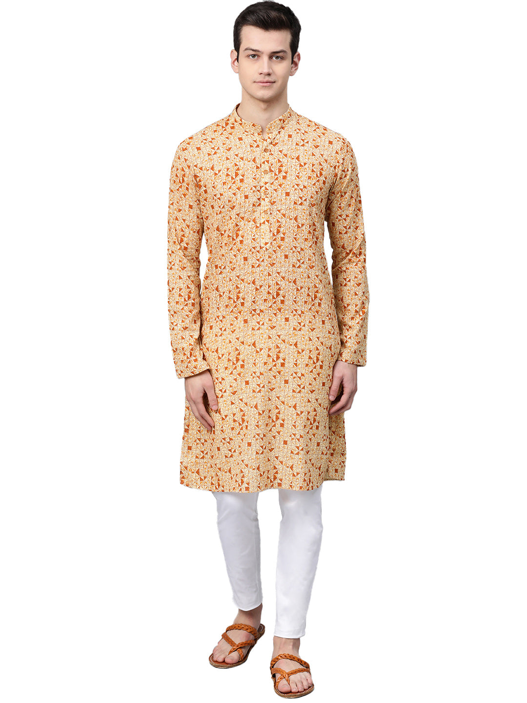 Cream & Brown Printed Straight Kurta