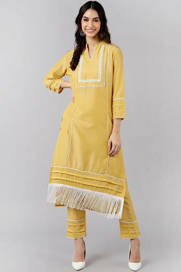 Yellow Poly Silk Solid Straight Kurta Set | WomensFashionFun.com