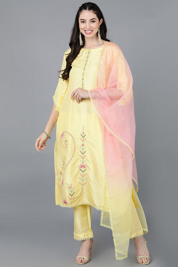 Yellow Poly Silk Straight Kurta Pant With Dupatta | WomensFashionFun.com