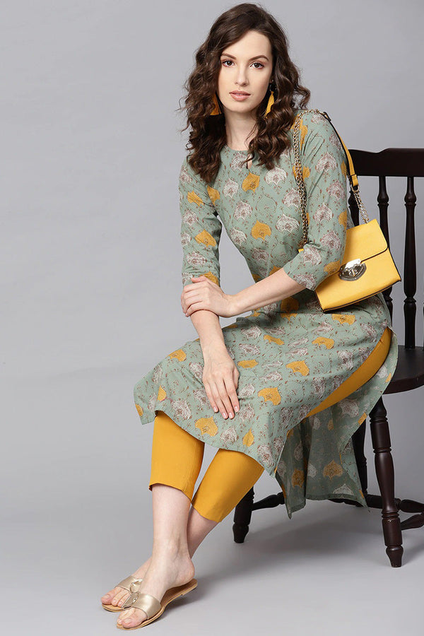 Green & Mustard Yellow Printed Straight Kurta | WomensFashionFun.com