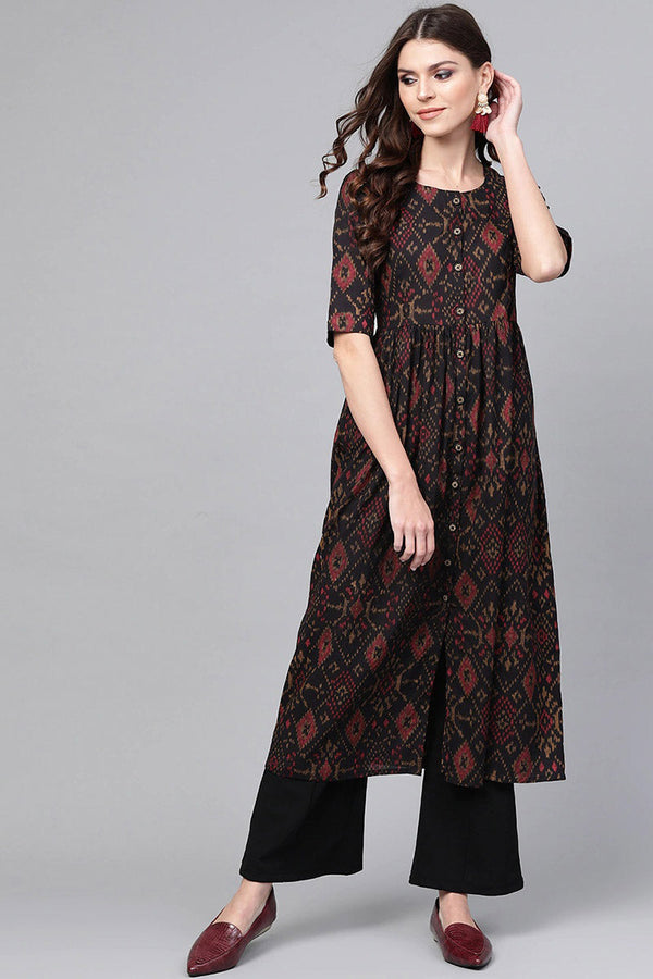 Black & Maroon Color Rayon Blend fabric Printed A-Line Kurta | WomensFashionFun.com