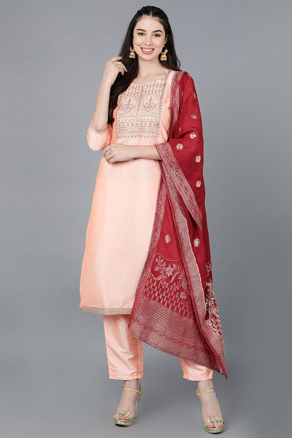 Peach Poly Silk A-Line Kurta Pant With Dupatta | WomensFashionFun.com