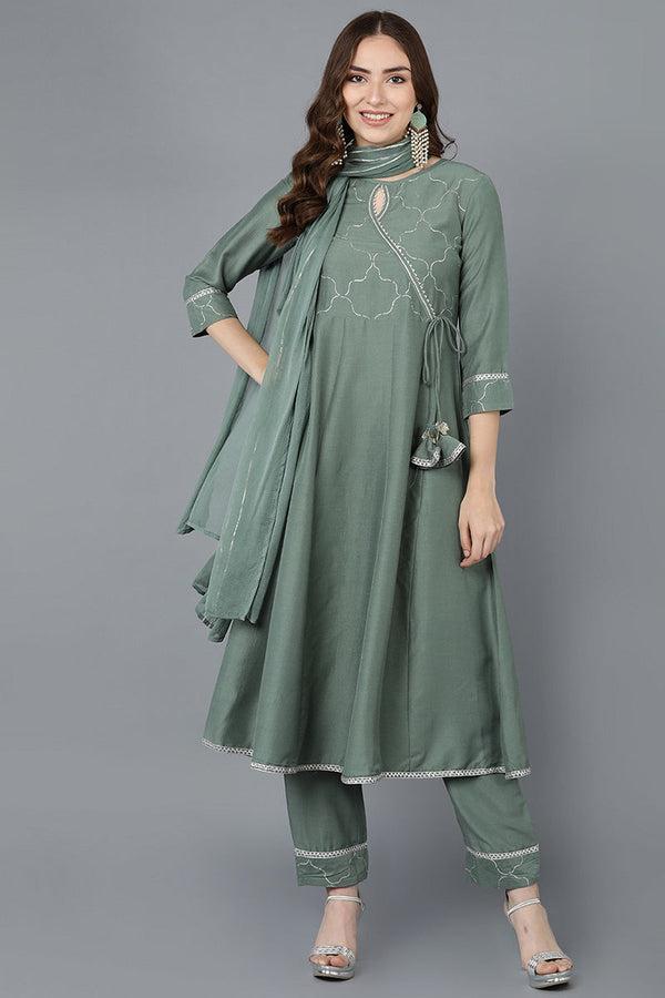 Teal Poly Silk Embroidered Kurta Trousers With Dupatta | WomensFashionFun.com