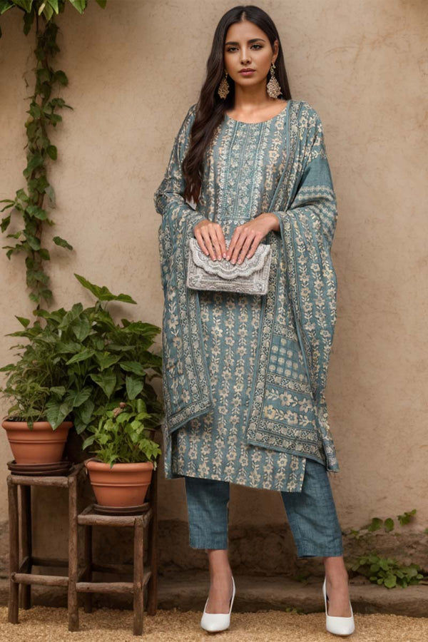 Grey Silk Blend Printed Straight Suit Set | WomensFashionFun.com