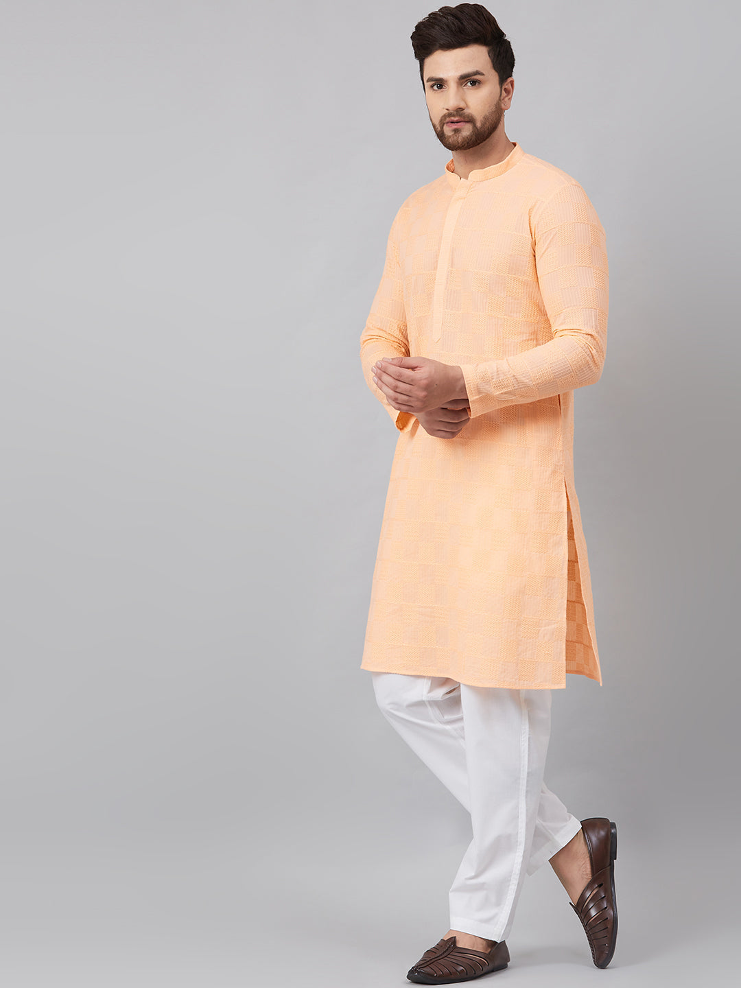 Men Peach Chikankari Embroidered Woven Design Straight Kurta