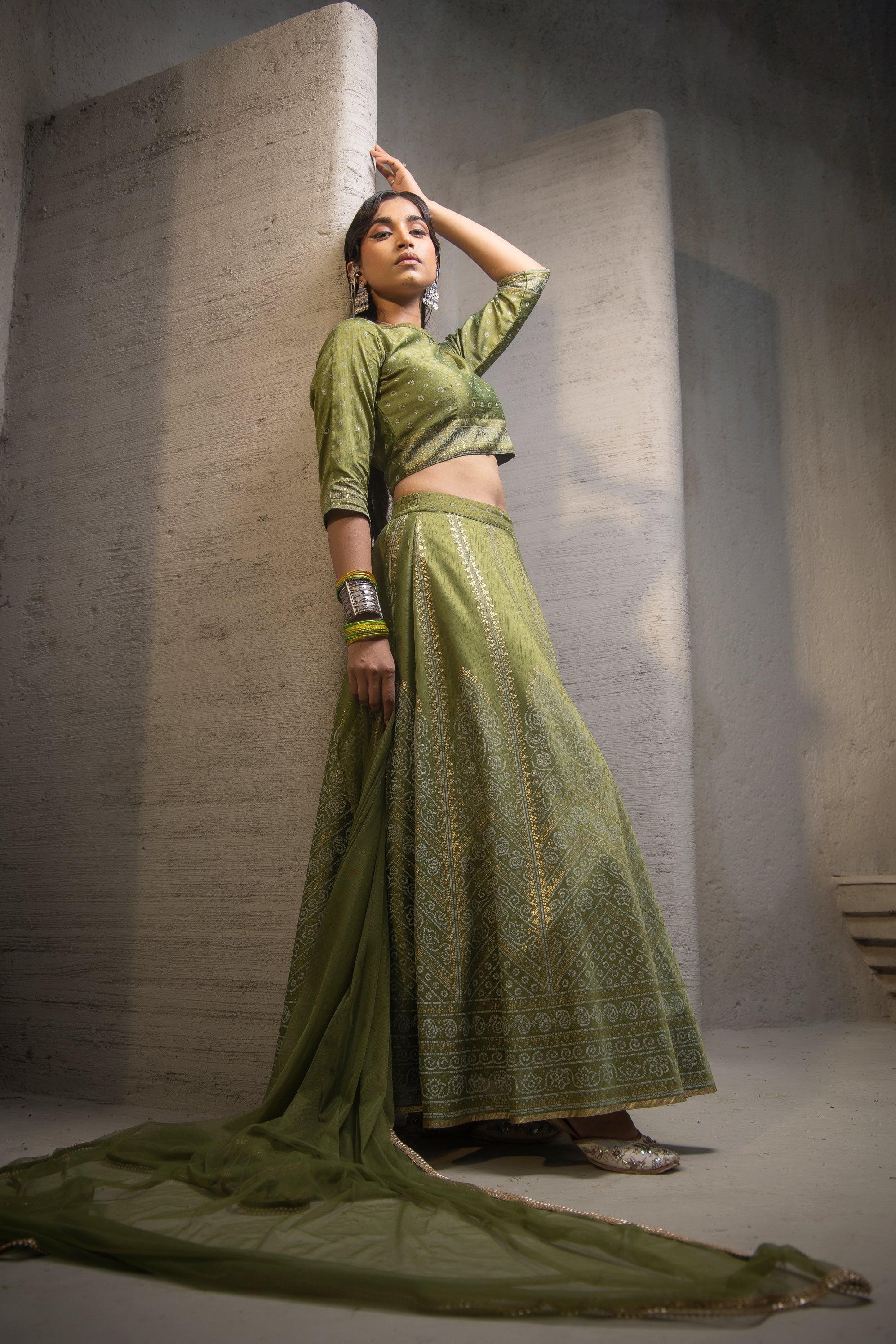 Green Shantoon Slub Printed Lehenga, Choli & Dupatta Set