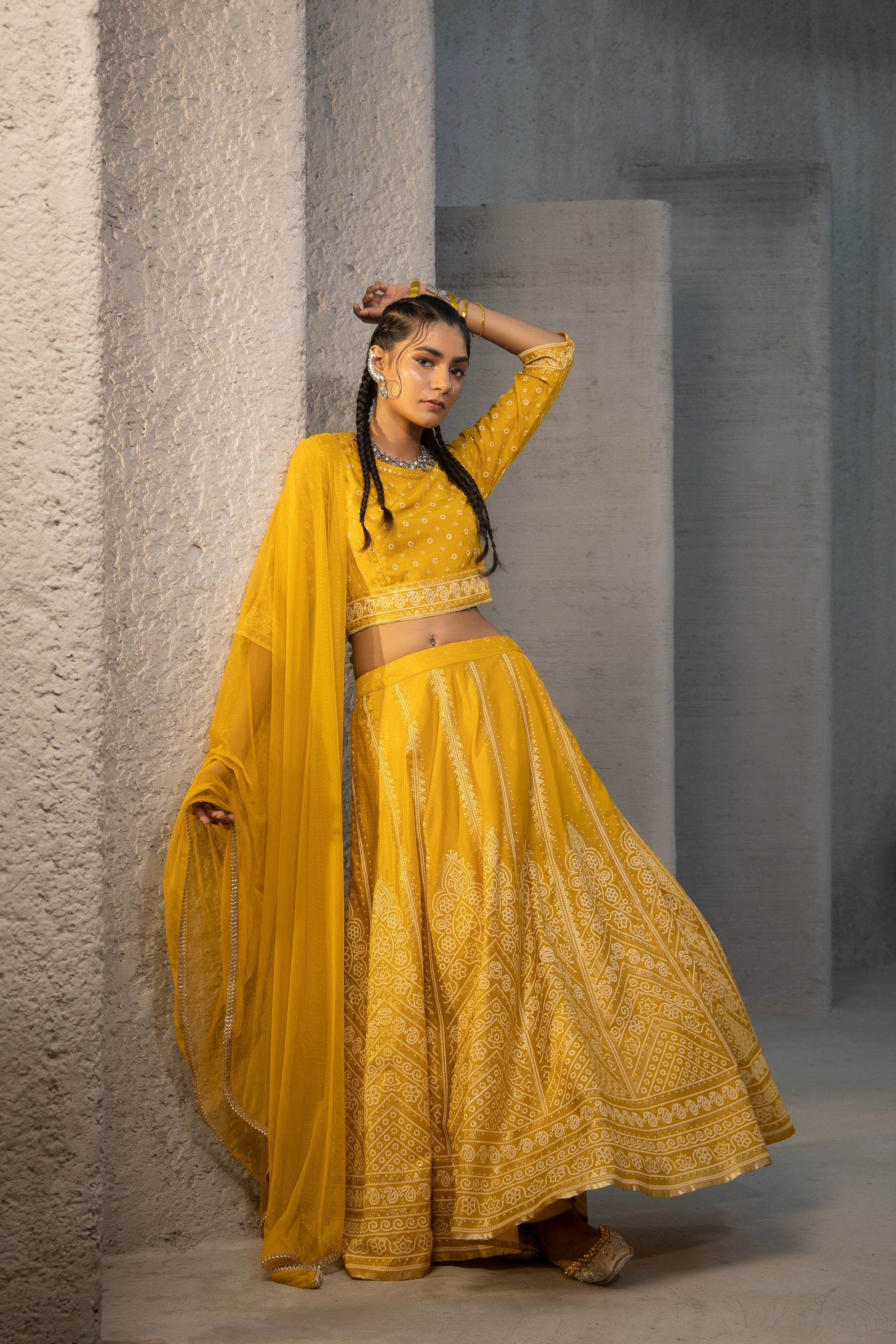 Mustard Shantoon Slub Printed Lehenga, Choli & Dupatta Set