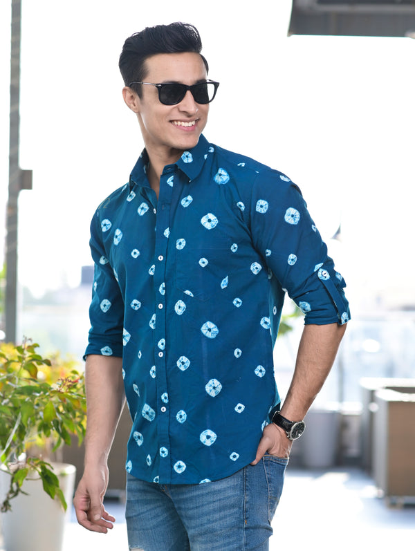 Men Bandhani Printed Mandarin Collar Cotton Casual Shirt | WomensfashionFun.com