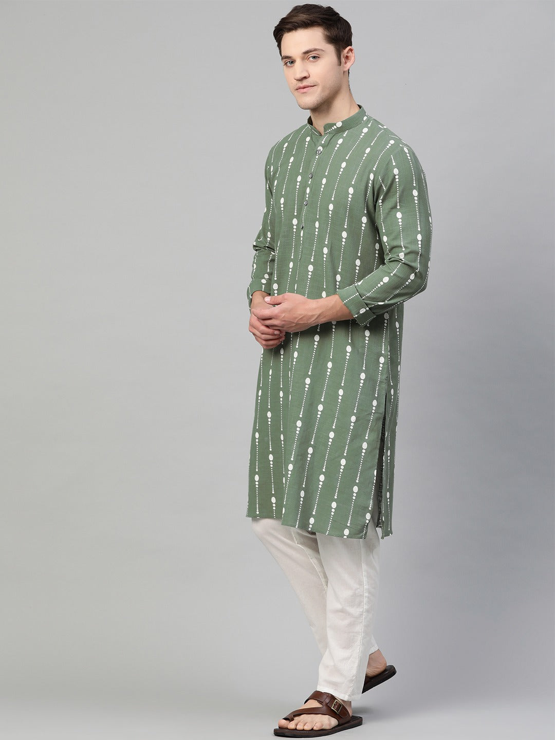 Green & White Printed Straight Kurta