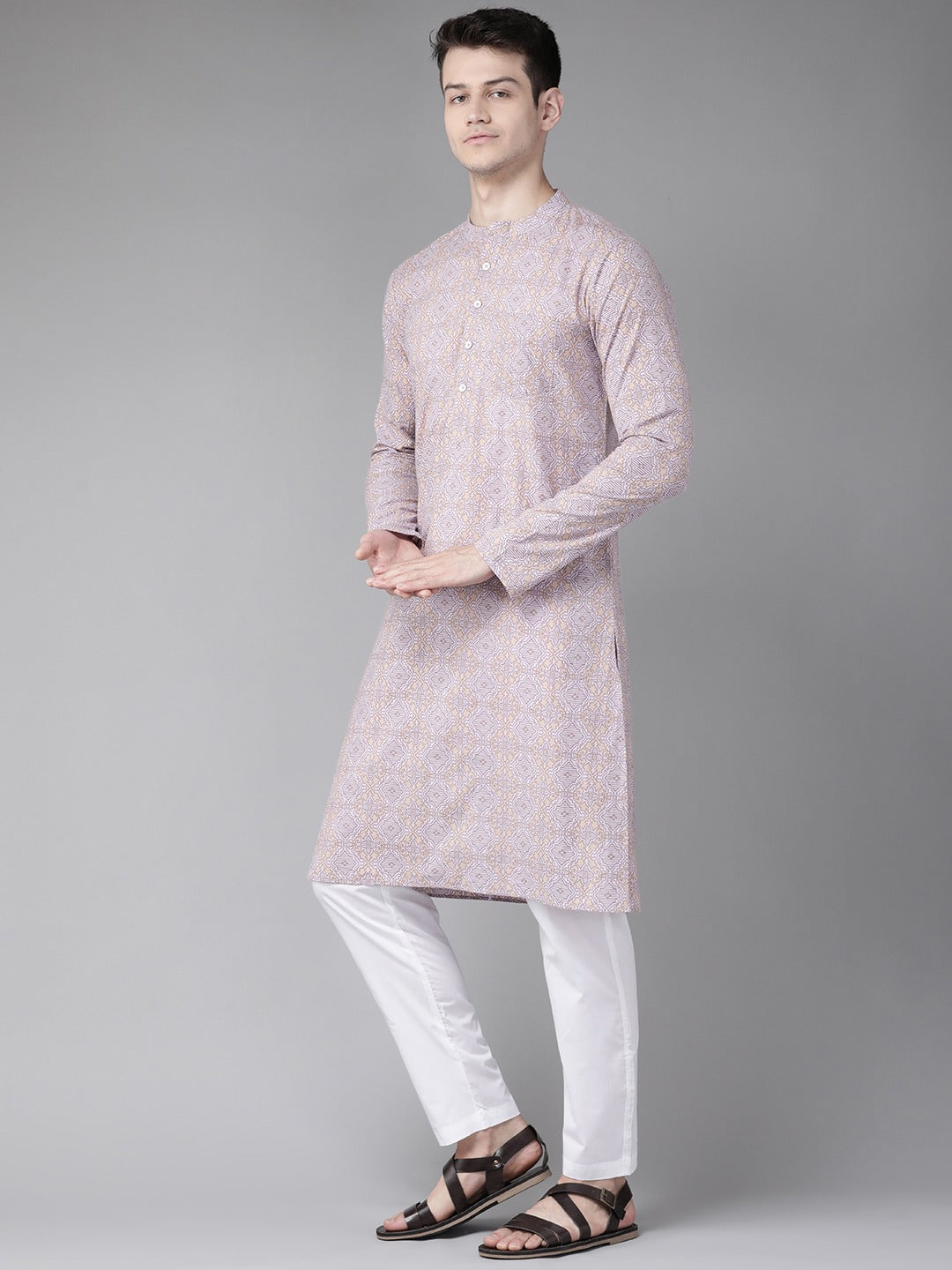 Men Peach & Gold Printed Straight Kurta