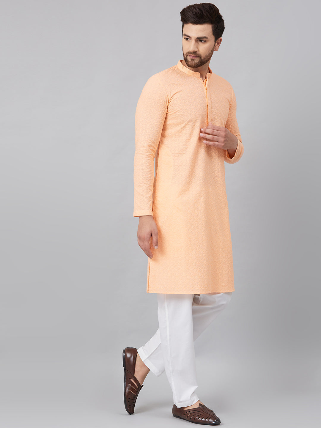 Men Peach Chikankari Embroidered Woven Design Straight Kurta