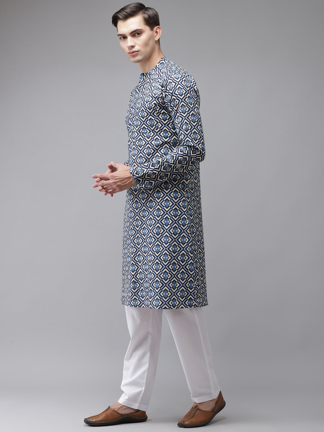 Men Blue And Beige Printed Straight Kurta