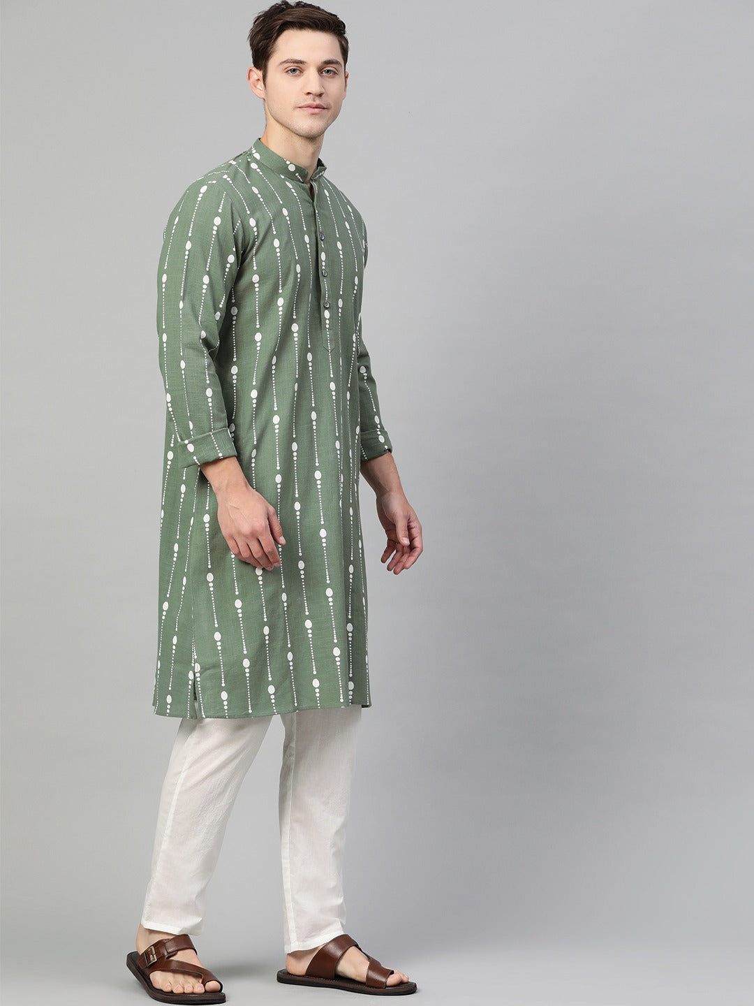 Green & White Printed Straight Kurta