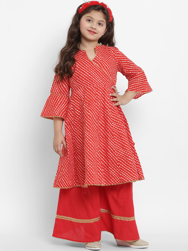 Girls Red & Off-White Striped Kurta With Palazzos | WomensFashionFun