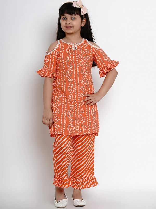 Girls Orange & White Dyed Kurta With Palazzos | WomensFashionFun