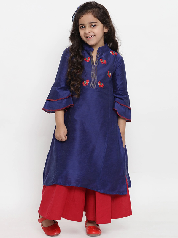 Girls Blue Embroidered Kurti With Palazzos | WomensFashionFun